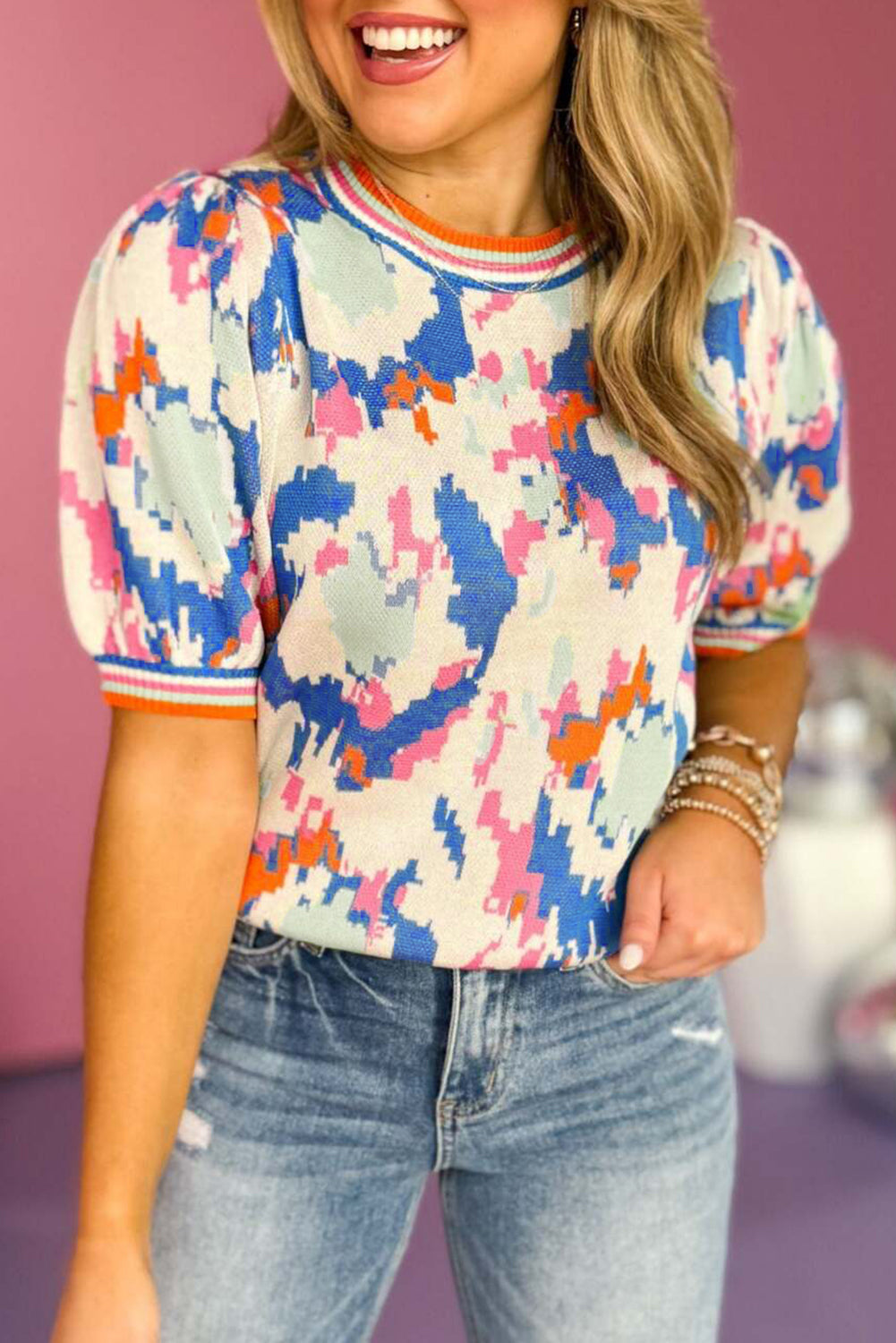 Abstract Knit Short Sleeve Sweater LT