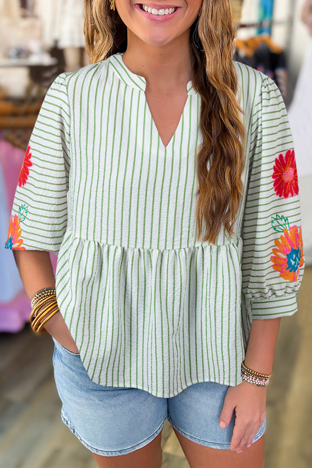 Green Stripe Flower Babydoll Blouse LT