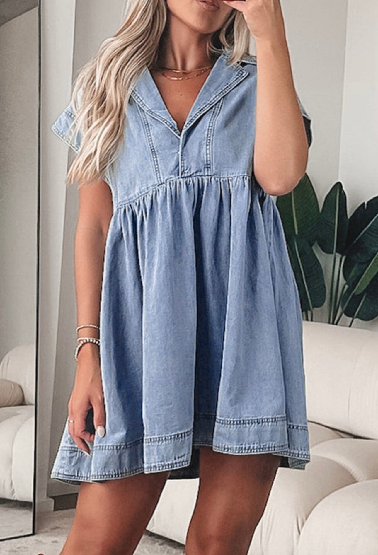 Blue Lapel Neck Babydoll Dress RTS
