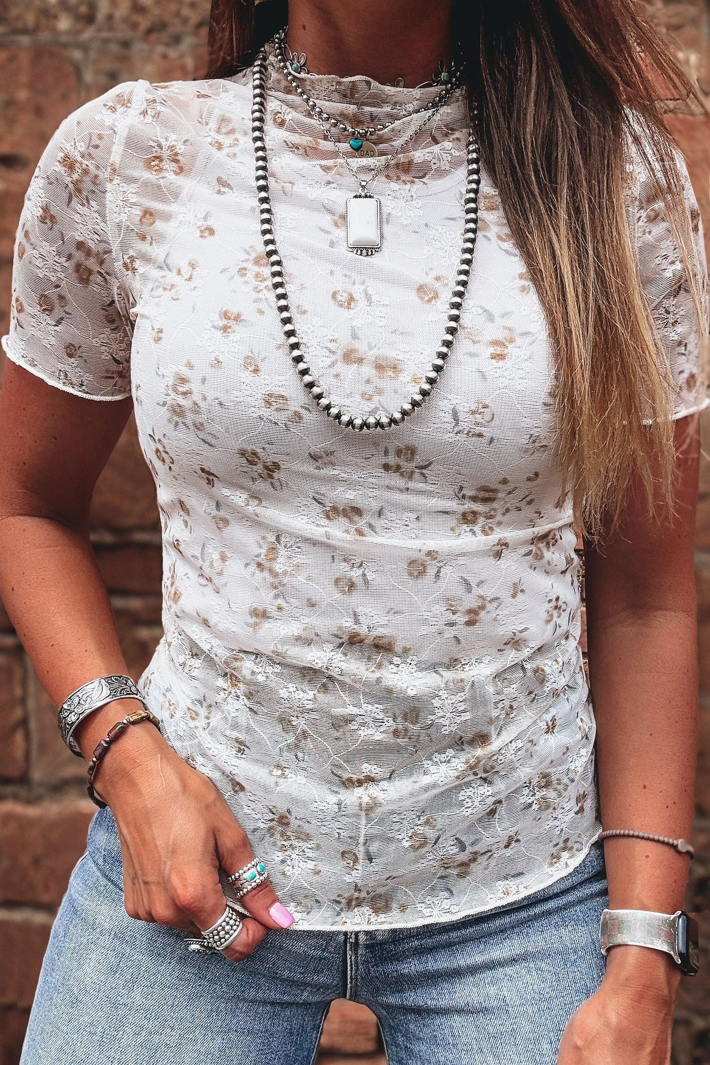 White Mock Floral Mesh Top