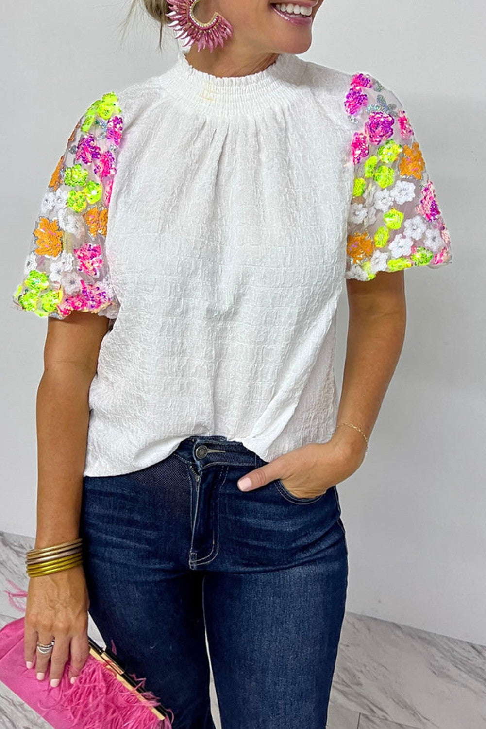 White Sequin Flower Sleeve Top February.