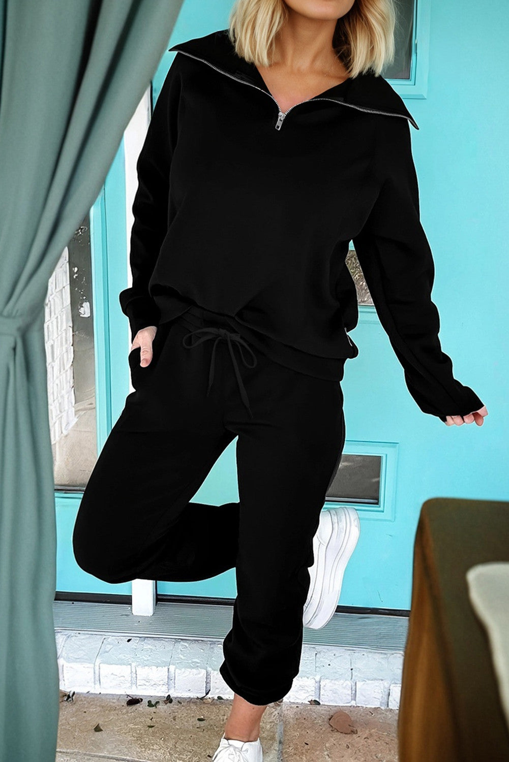 Zip Collar Drawstring Pants Set RTS