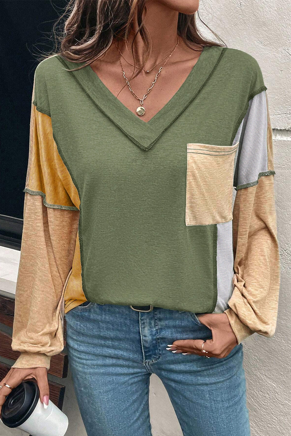 Colorblock Exposed Stitching Pocket Top RTS
