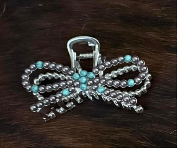 Pearl and Turquoise Bow Clip