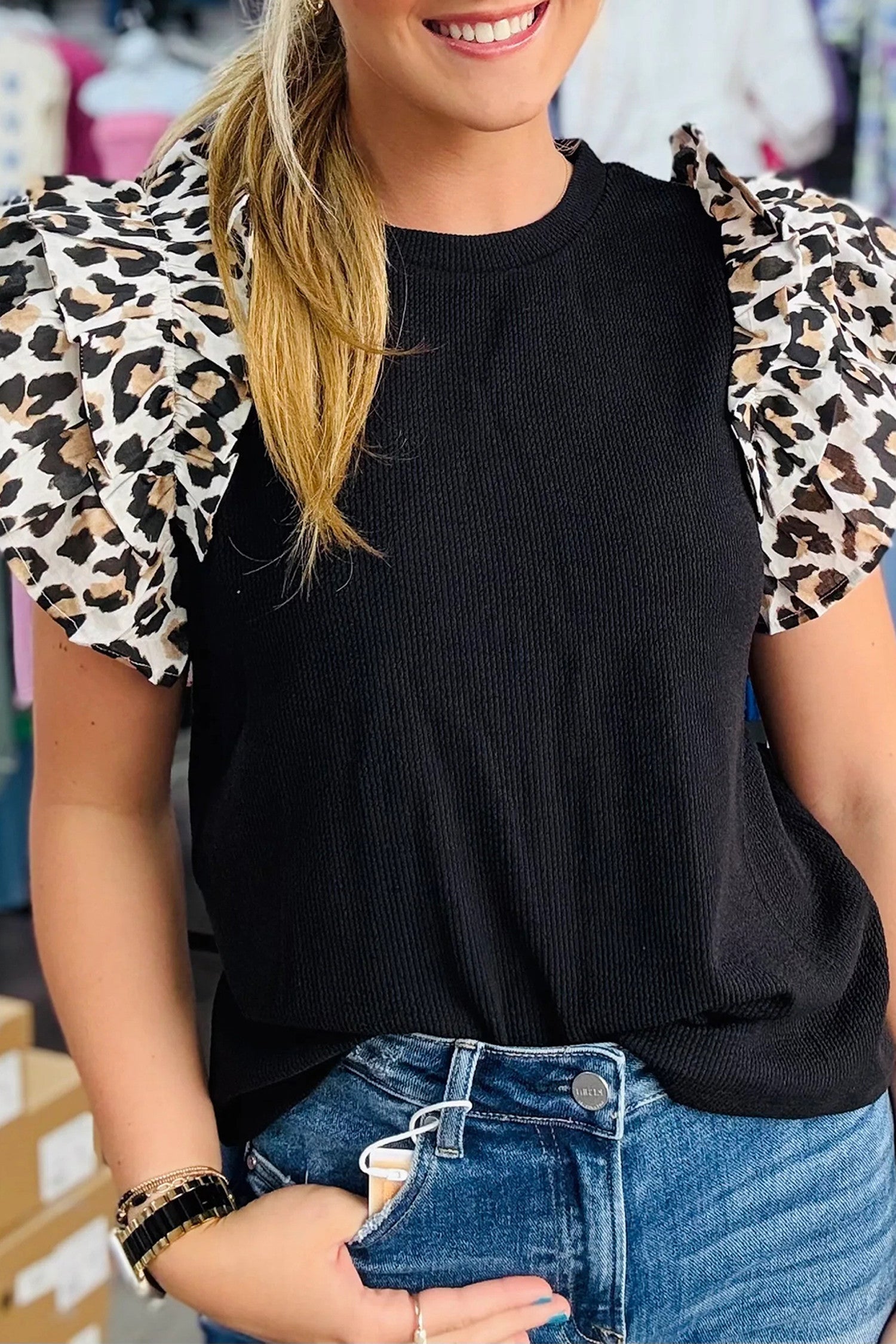 Black Leopard Sleeve Knit Top RTS
