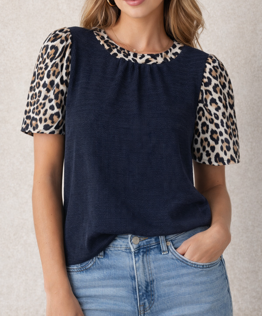 Blue Ribbed Leopard Sleeve Top