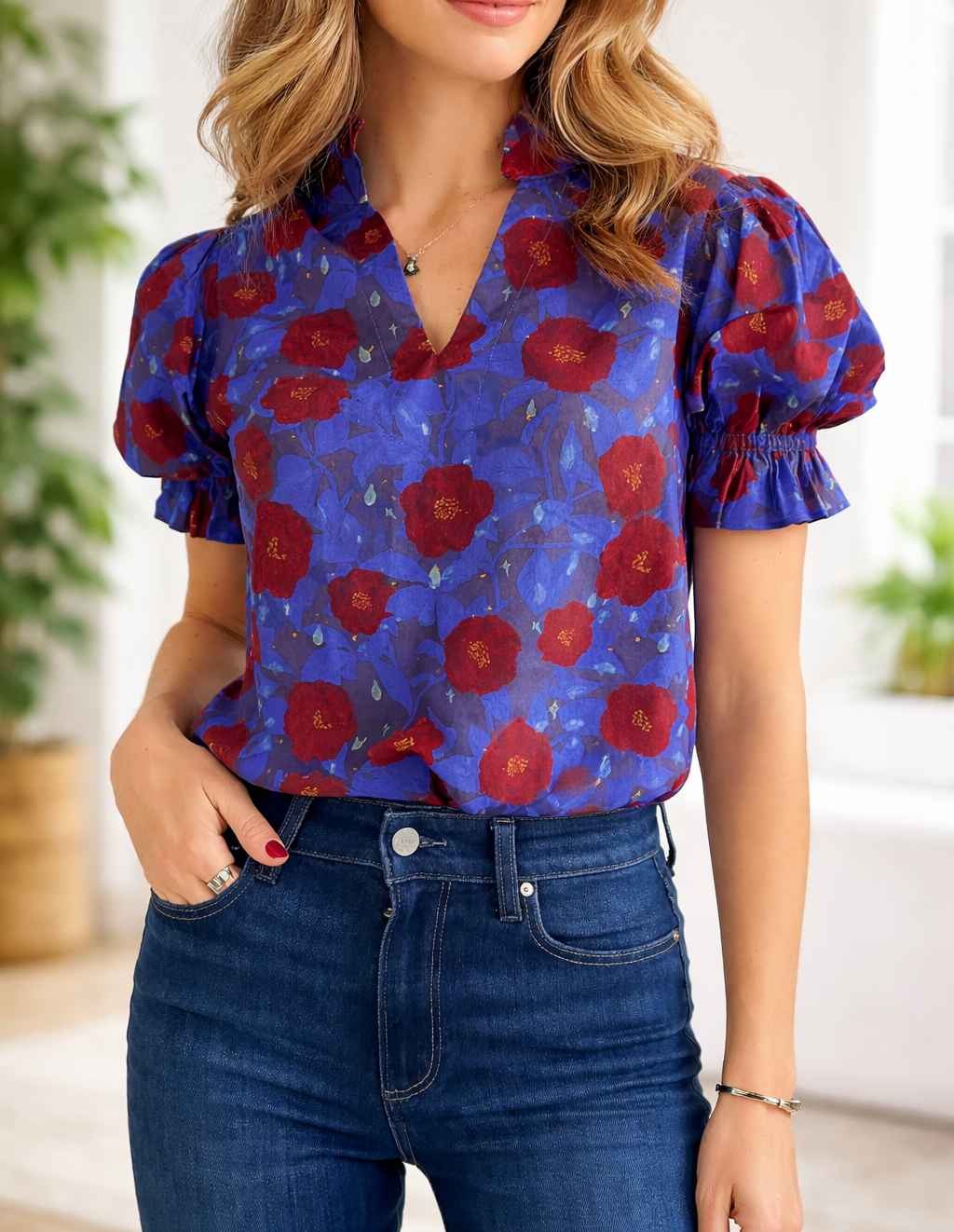 Blue Ruffled Floral Blouse LT