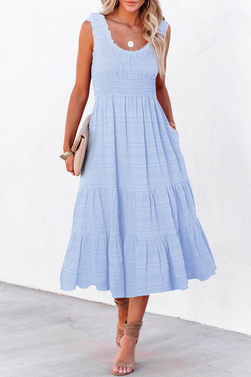 Blue Shirred Midi Dress
