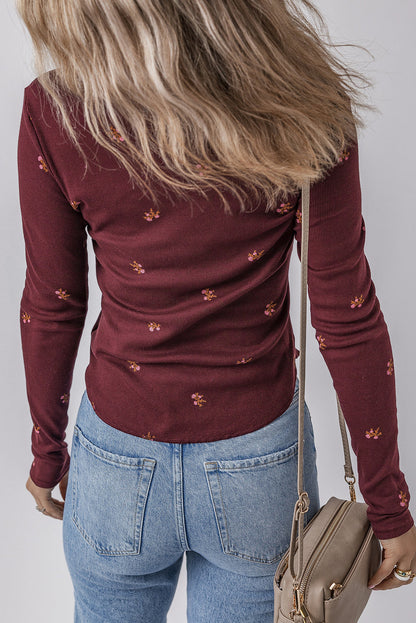 Burgundy Notched Floral Top LT