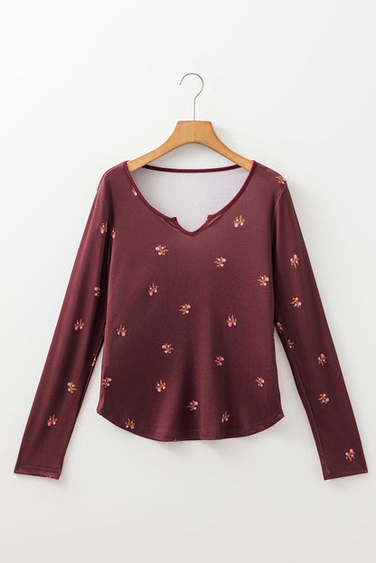 Burgundy Notched Floral Top LT