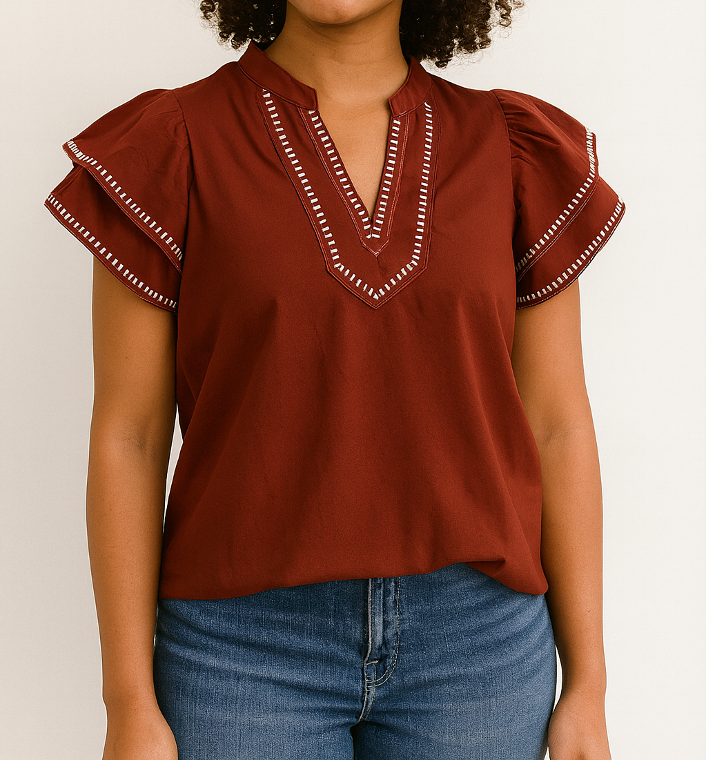 Contrast Trim V Neck Blouse LT