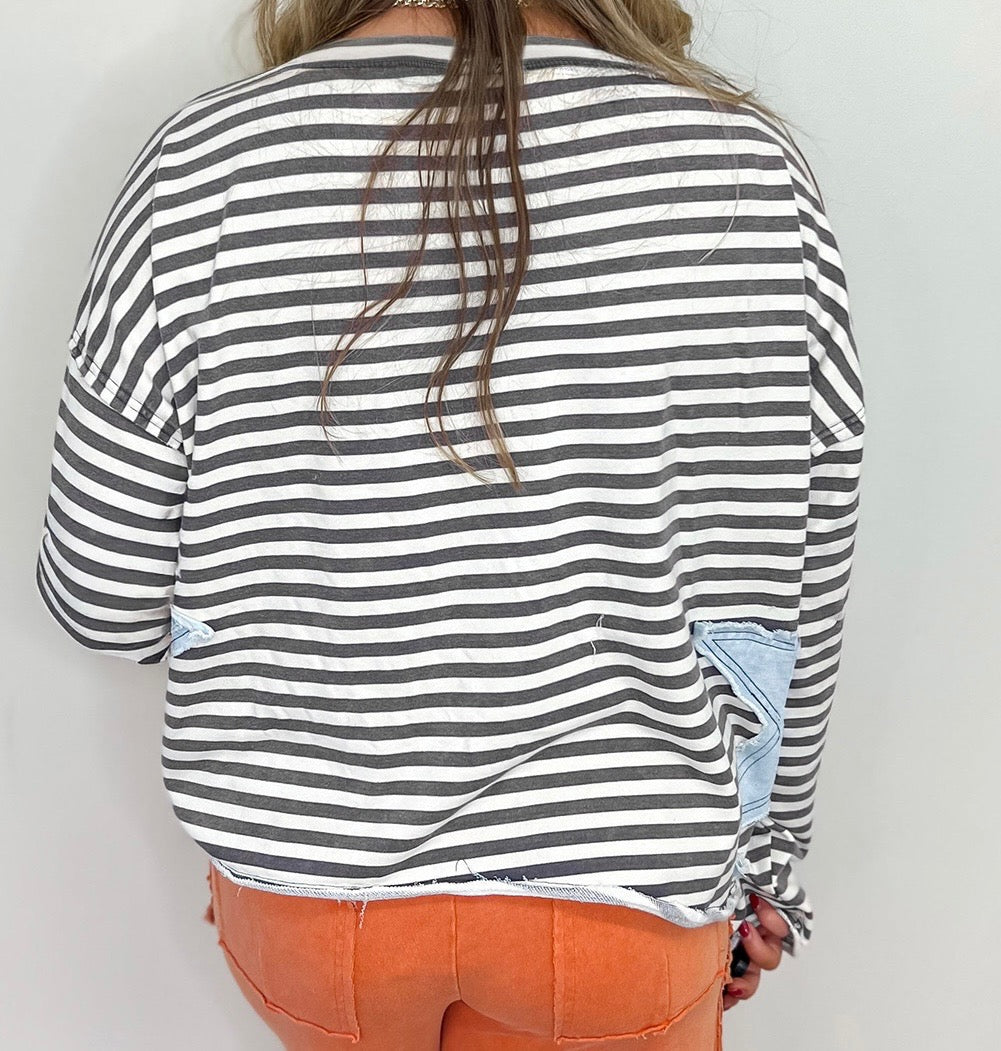 Gray Stripe Star Patch Knit Top RTS