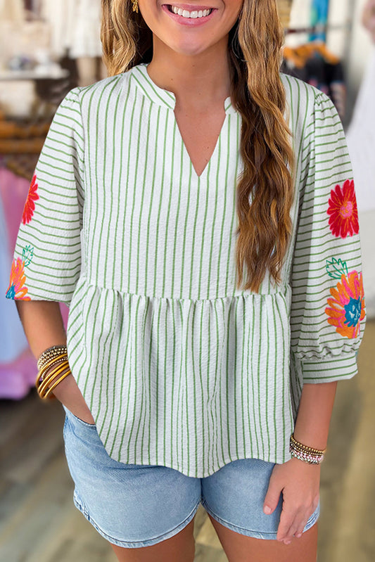 Green Stripe Flower Babydoll Blouse LT