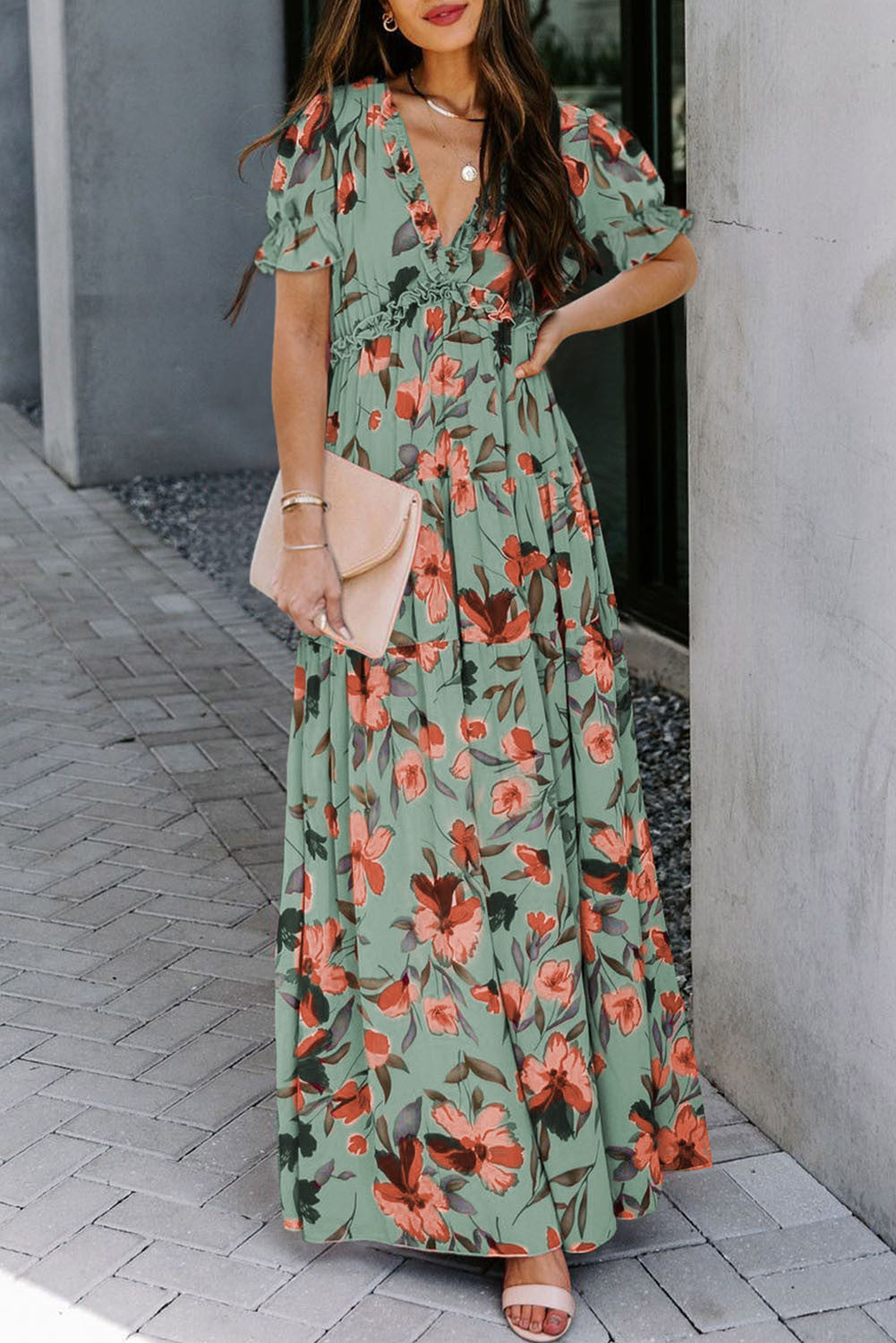 Green Floral Frilled Maxi Dress