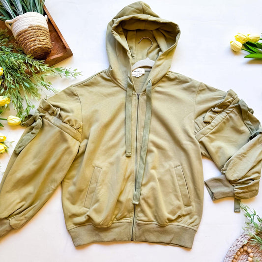 Olive Ruffle Sleeve Zip-Up Hoodie