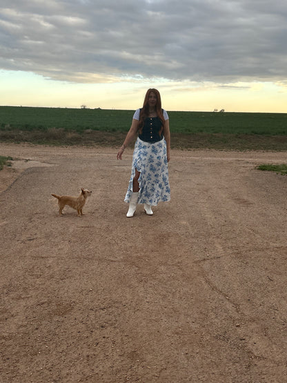 Blue Boho Floral Split Maxi Skirt