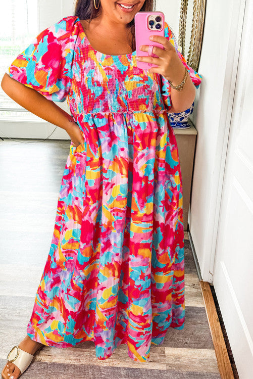 Rose Abstract Plus Size Smocked Dress RTS