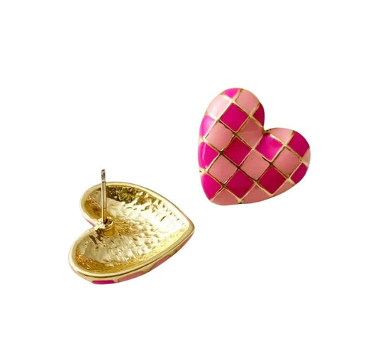 Checkered Heart Studs - Pink