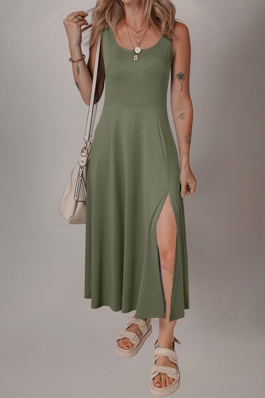 Green Scoop Neck Flared Midi Dress RTS