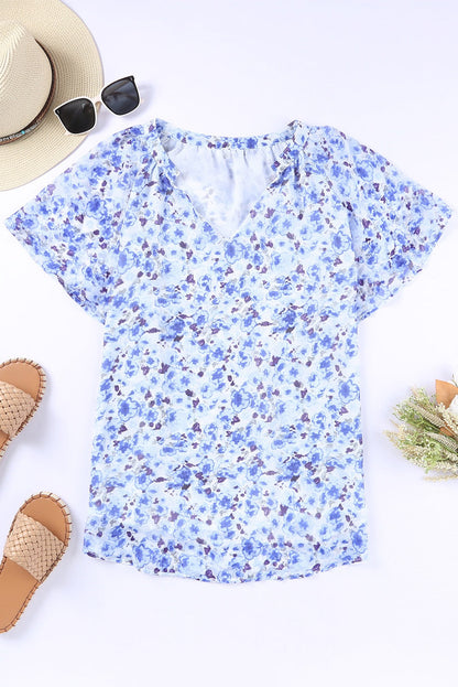 Blue Floral Flutter Sleeve Blouse May.
