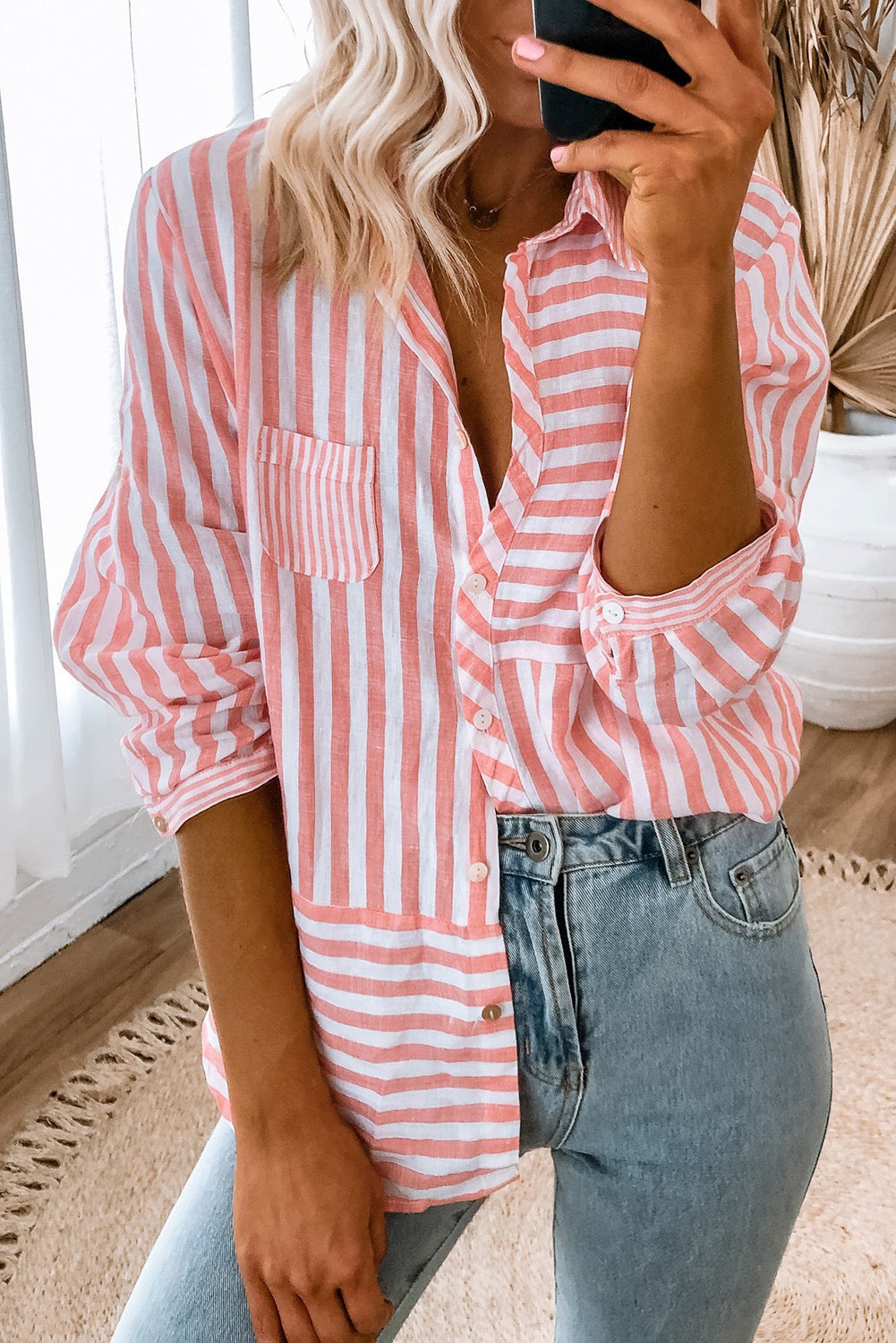 Pink Striped Casual Button Top May.