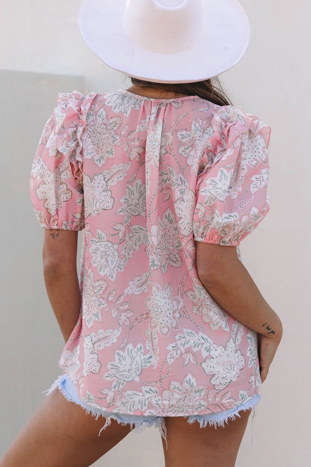 Pink Floral Puff Sleeve Blouse LT