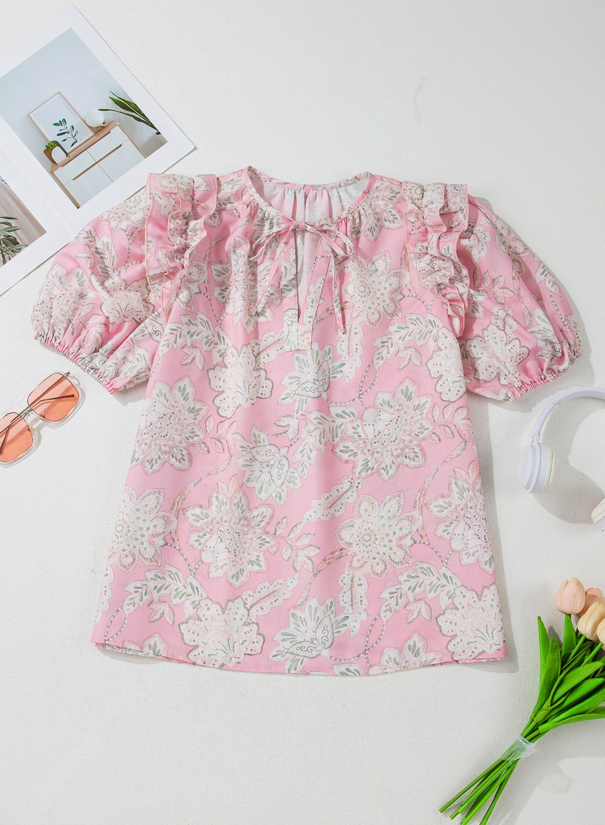 Pink Floral Puff Sleeve Blouse LT