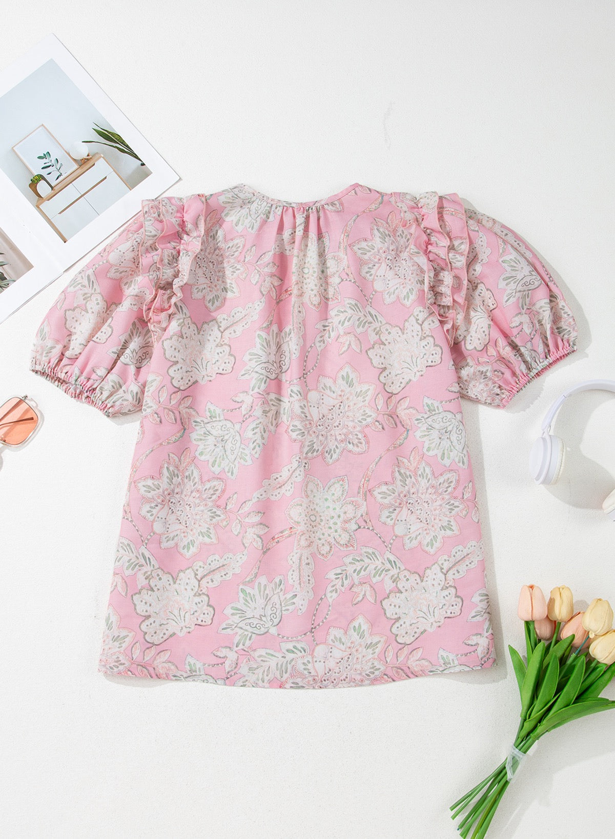 Pink Floral Puff Sleeve Blouse LT