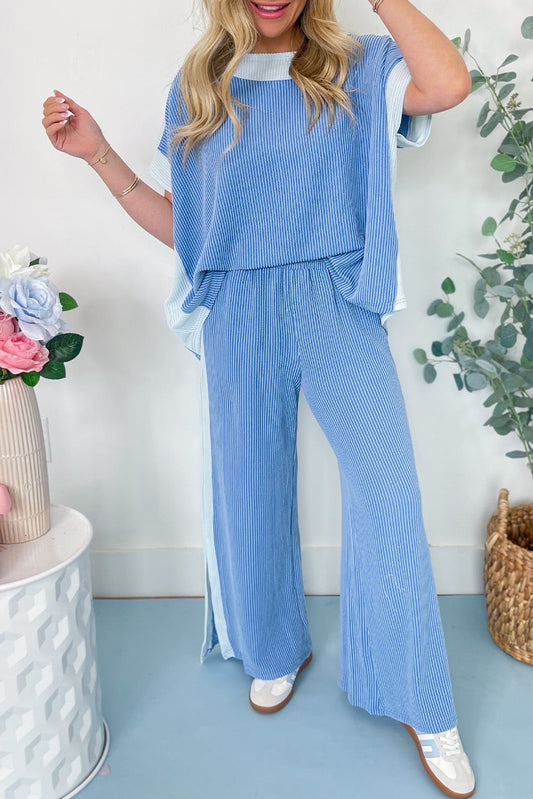Blue Colorblock Corded Pants Set LT