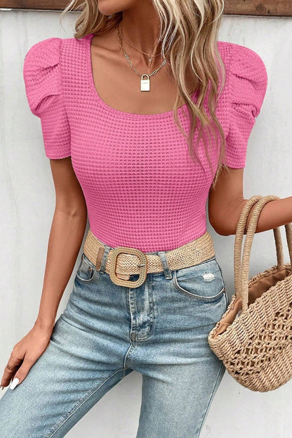 Pink Waffle Knit Puff Sleeve Top May.