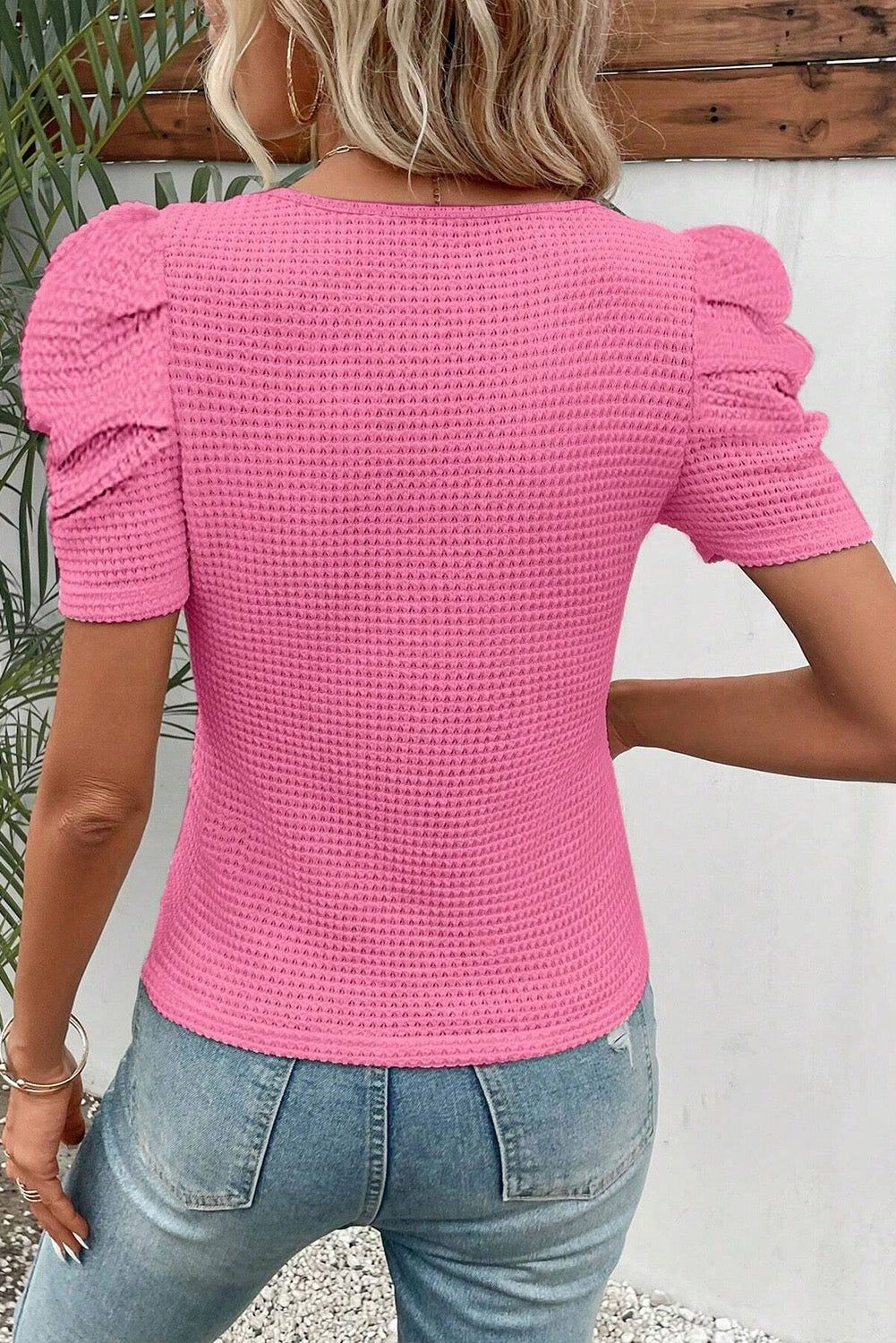 Pink Waffle Knit Puff Sleeve Top May.