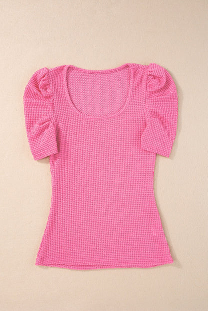 Pink Waffle Knit Puff Sleeve Top May.