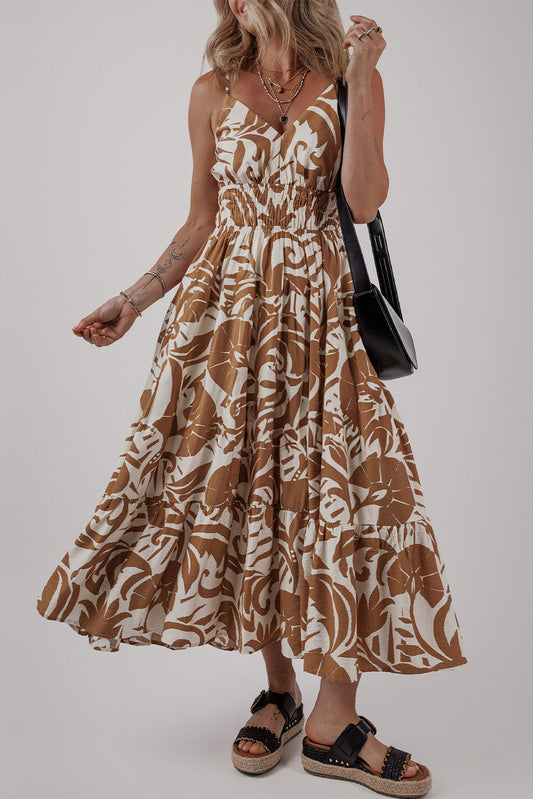 Khaki Floral Shirred Maxi Dress LT