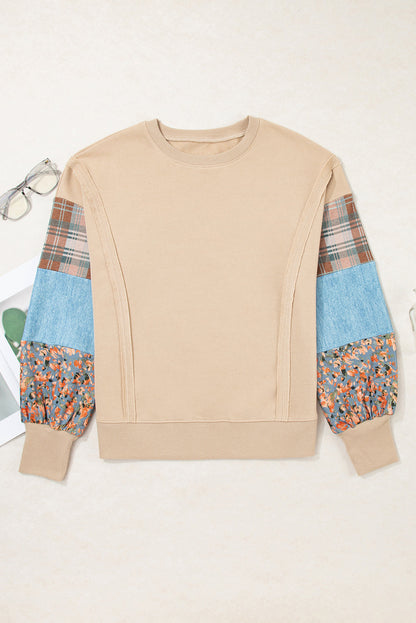 Plaid Patchwork Raw Seam Sweatshirt LT