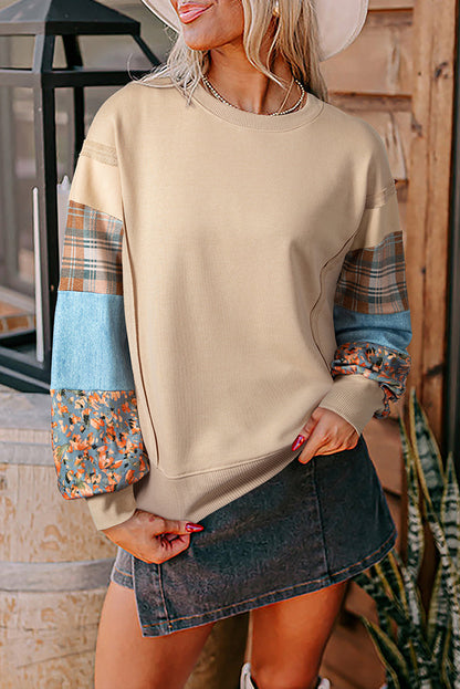Plaid Patchwork Raw Seam Sweatshirt LT