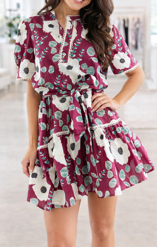 Red Floral Belted Mini Dress LT