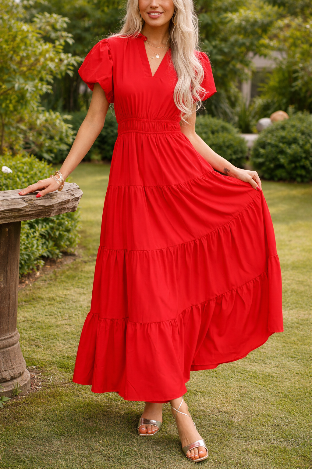 Red Puff Sleeve Tiered Dress