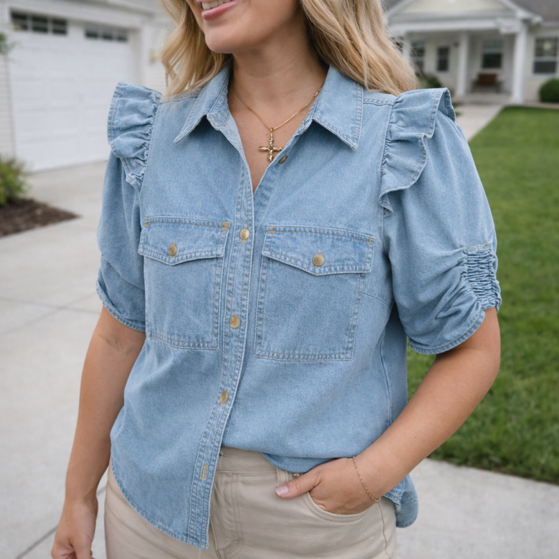 Ruffle Detail Button Denim Shirt RTS