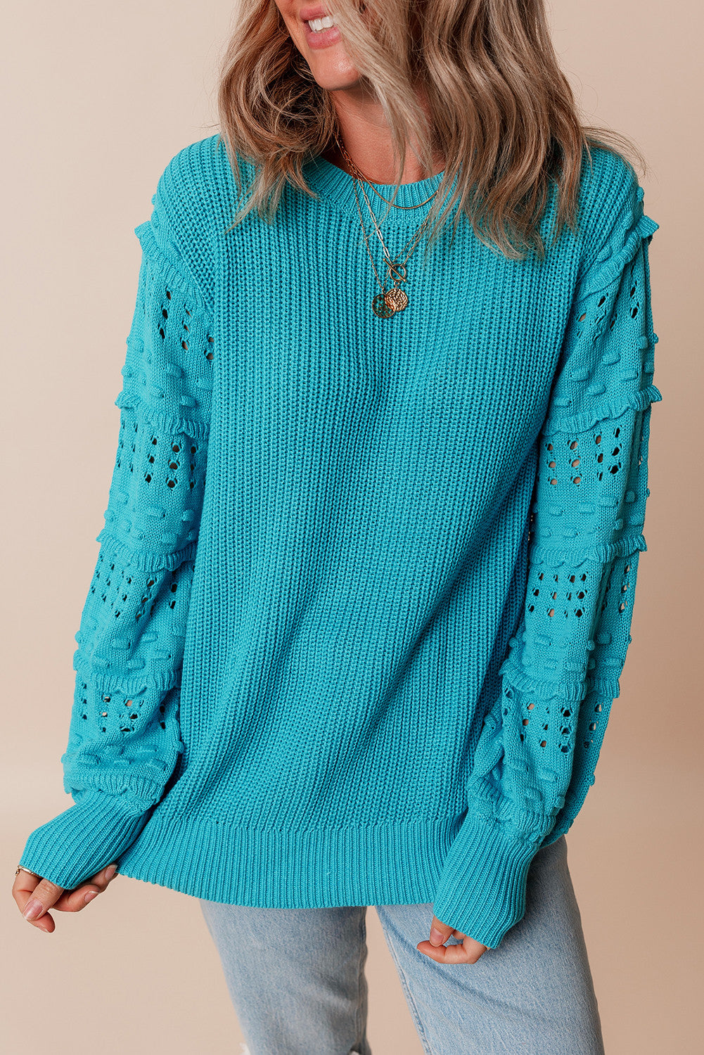 Teal Ruffled Eyelet Sweater RTS